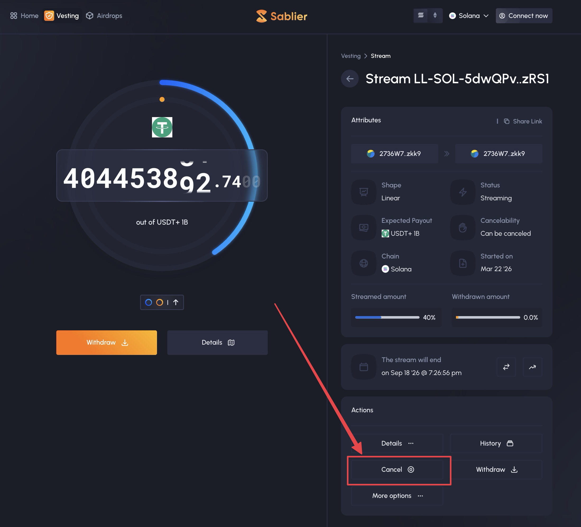Canceling a stream from the Sablier Solana vesting dashboard