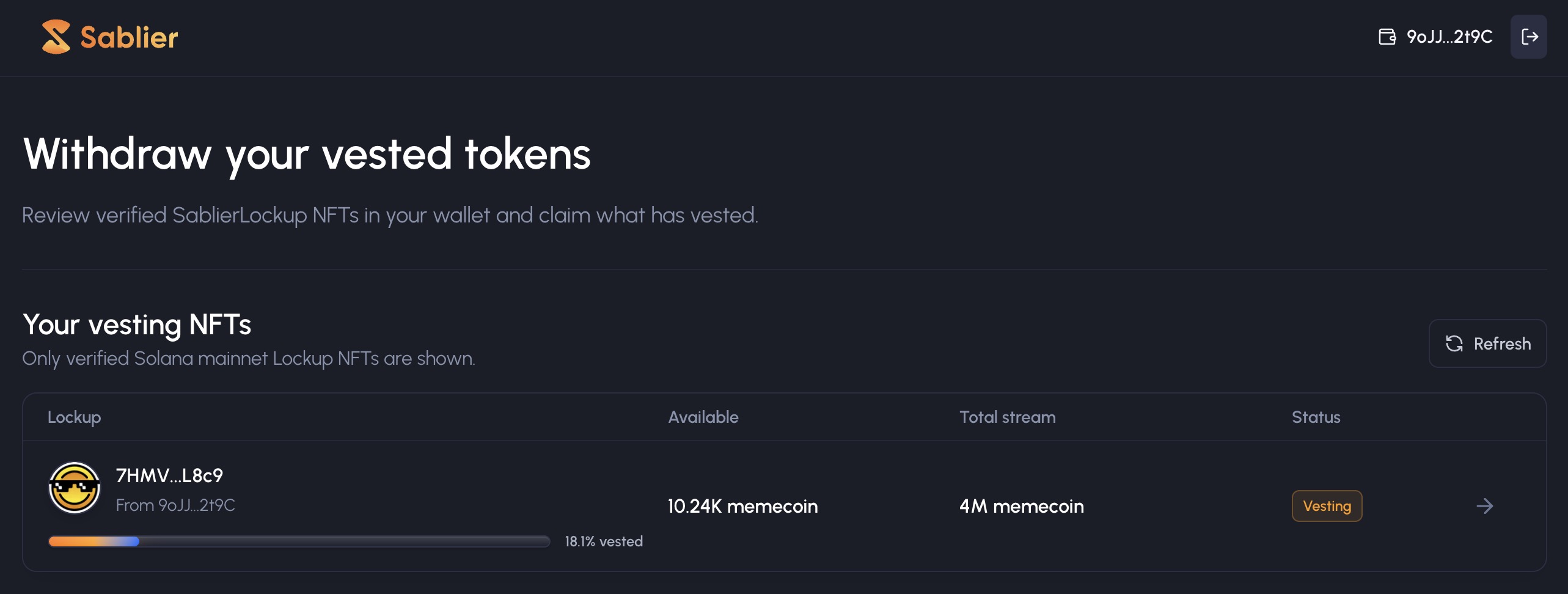 Sablier Solana claiming mini app showing vested tokens available to withdraw